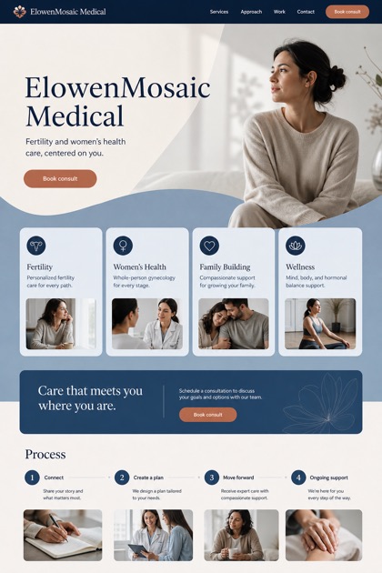 Healthcare website design for United States, showing a clear opening, service information, supporting content, and a focused inquiry action.