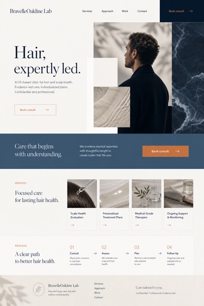 Healthcare website design for United States, showing a clear opening, service information, supporting content, and a focused inquiry action.