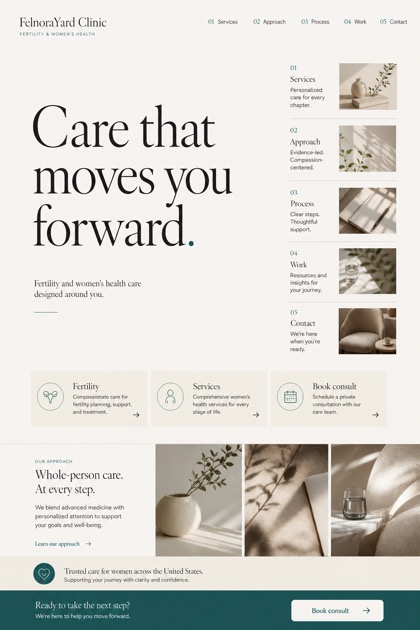 Healthcare website design for United States, showing a clear opening, service information, supporting content, and a focused inquiry action.