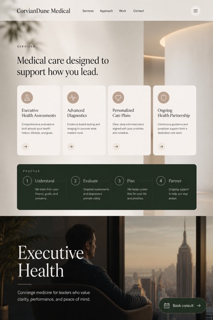 Healthcare website design for United States, showing a clear opening, service information, supporting content, and a focused inquiry action.