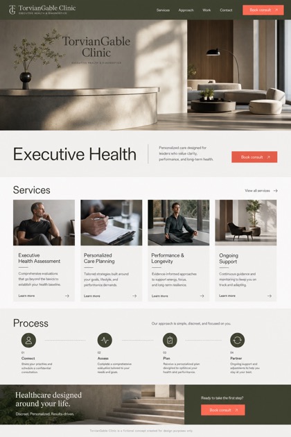 Healthcare website design for United States, showing a clear opening, service information, supporting content, and a focused inquiry action.