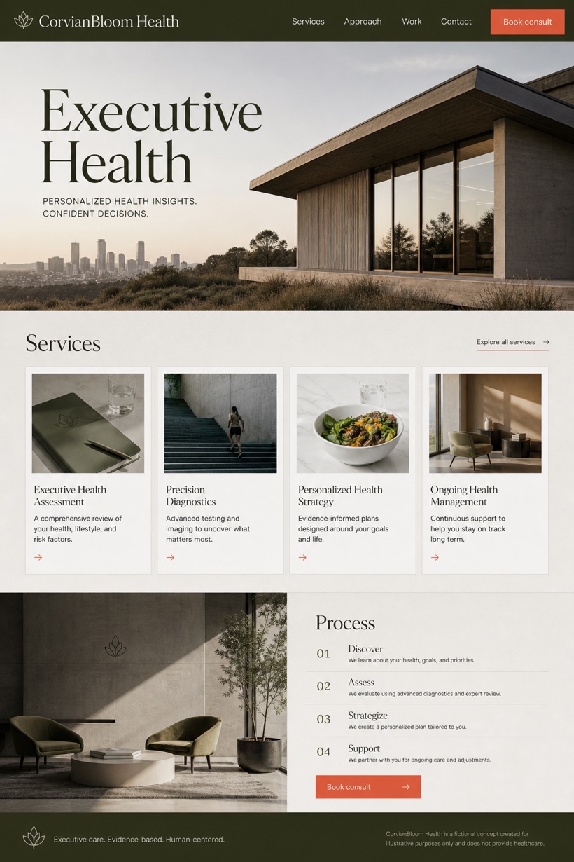 Healthcare website design for United States, showing a clear opening, service information, supporting content, and a focused inquiry action.