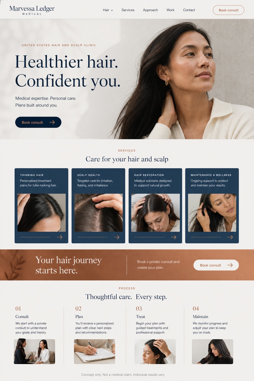 Healthcare website design for United States, showing a clear opening, service information, supporting content, and a focused inquiry action.