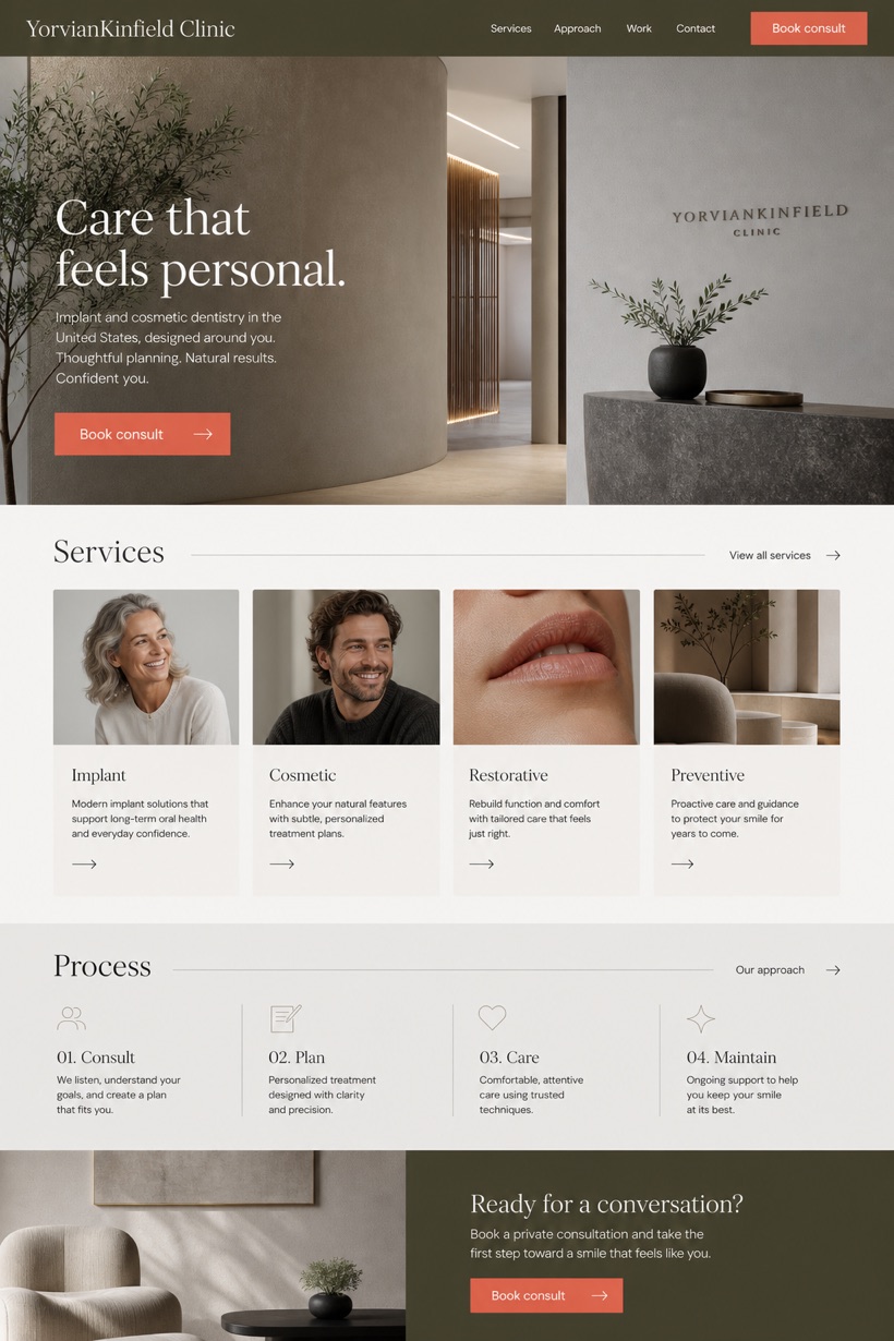 Healthcare website design for United States, showing a clear opening, service information, supporting content, and a focused inquiry action.
