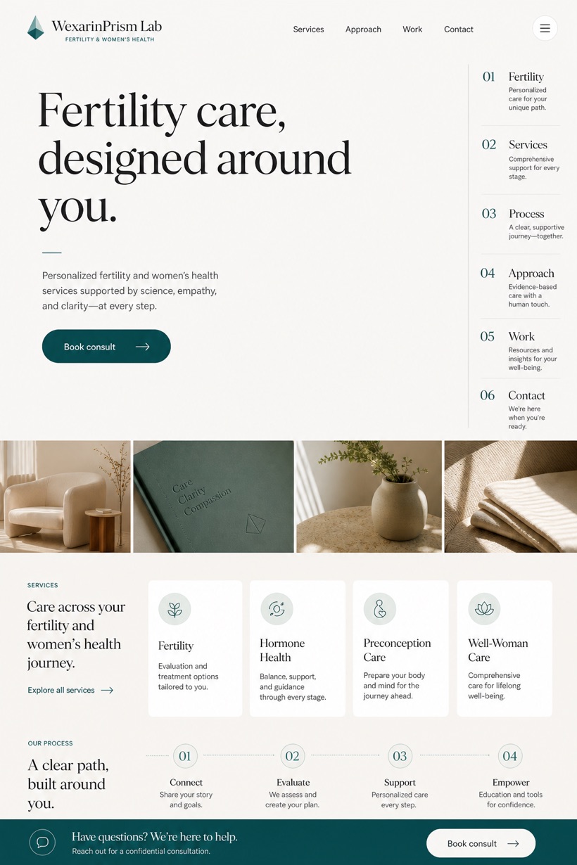 Healthcare website design for United States, showing a clear opening, service information, supporting content, and a focused inquiry action.