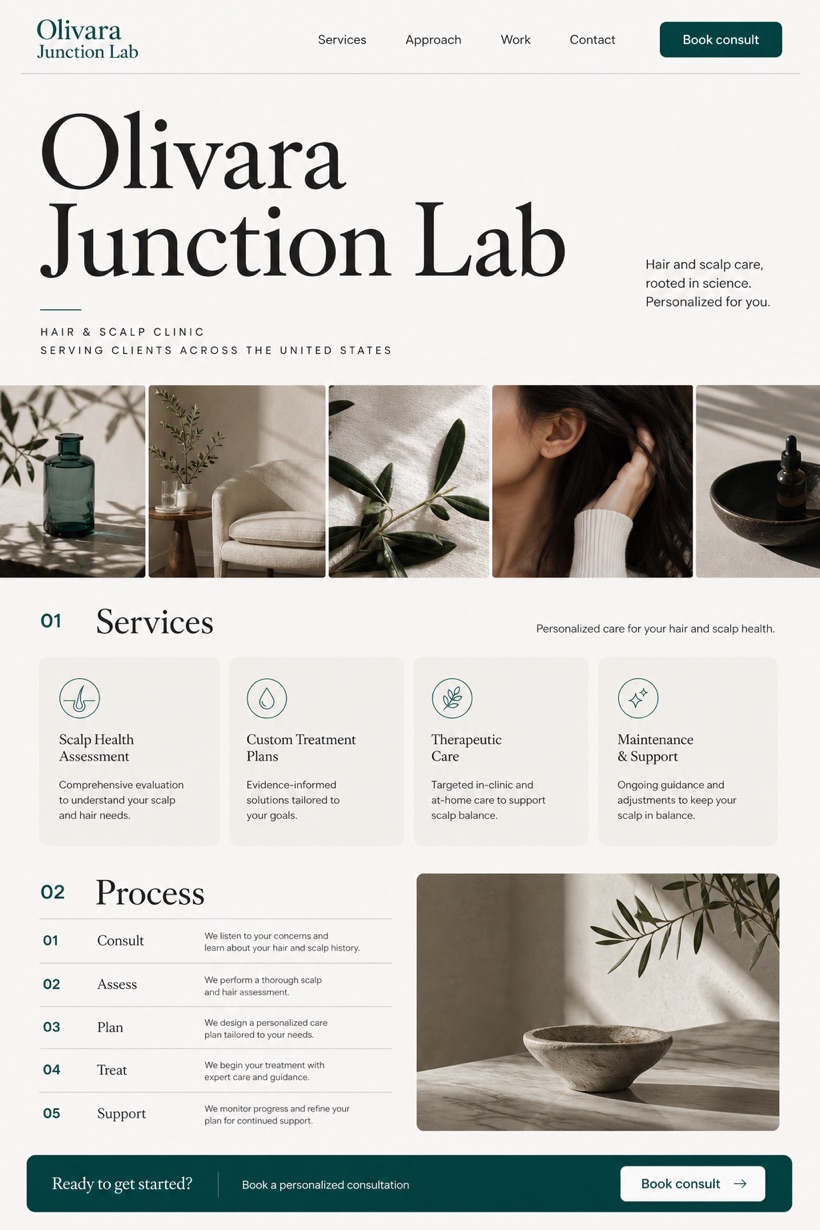 Healthcare website design for United States, showing a clear opening, service information, supporting content, and a focused inquiry action.