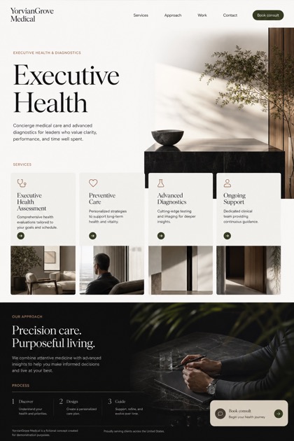 Healthcare website design for United States, showing a clear opening, service information, supporting content, and a focused inquiry action.