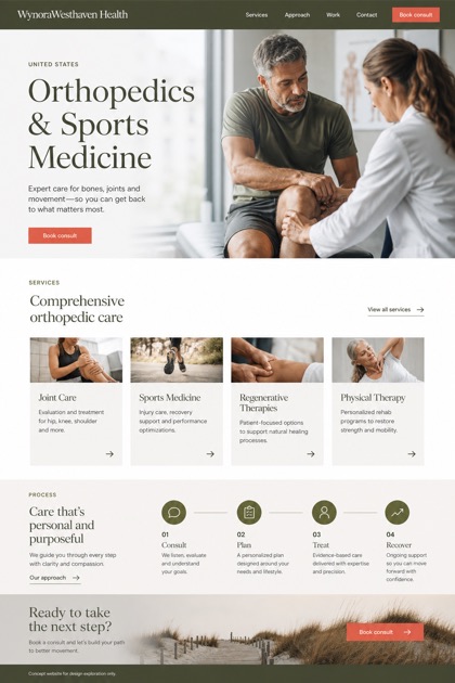 Healthcare website design for United States, showing a clear opening, service information, supporting content, and a focused inquiry action.