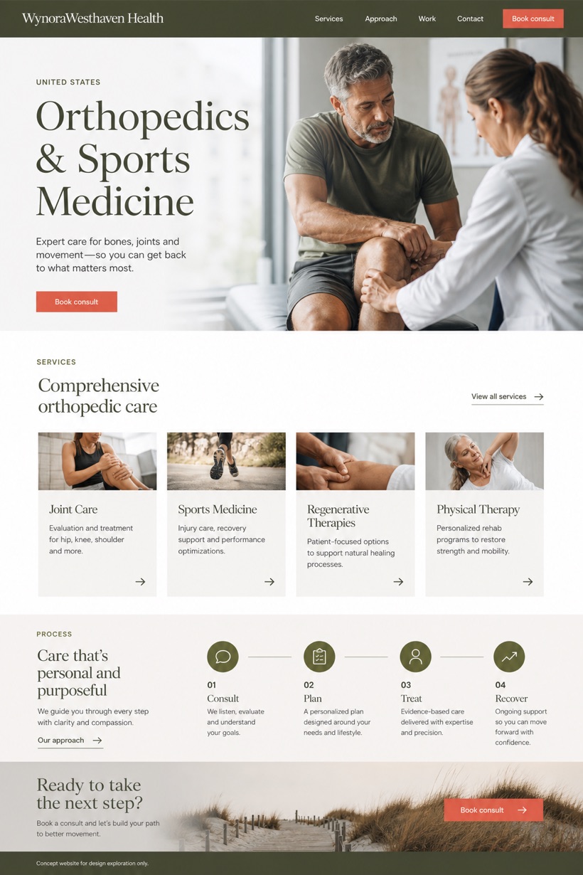 Healthcare website design for United States, showing a clear opening, service information, supporting content, and a focused inquiry action.
