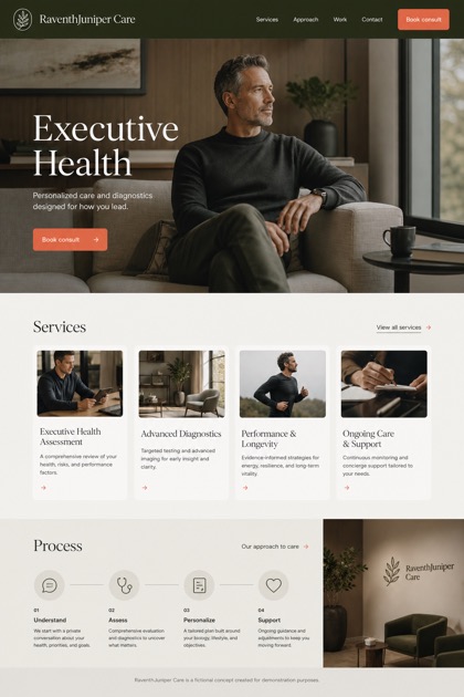 Healthcare website design for United States, showing a clear opening, service information, supporting content, and a focused inquiry action.