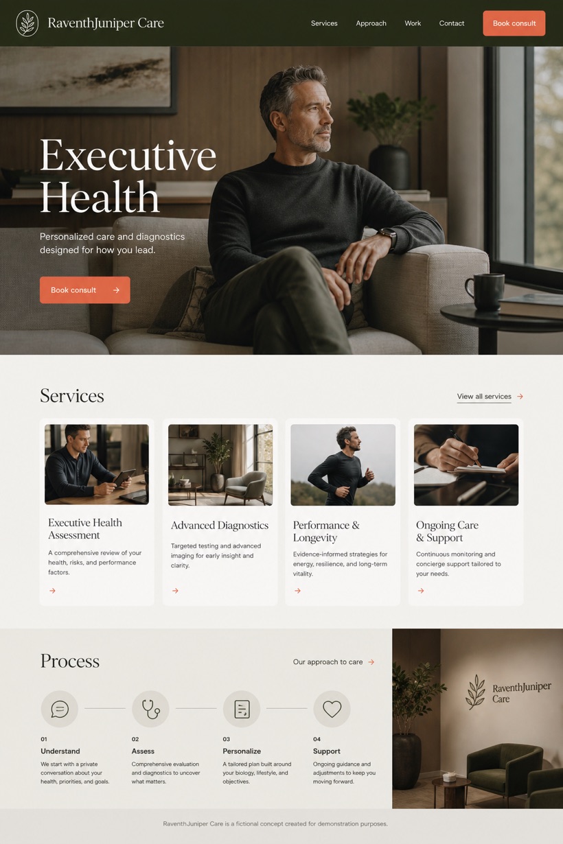 Healthcare website design for United States, showing a clear opening, service information, supporting content, and a focused inquiry action.