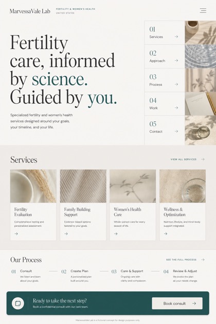 Healthcare website design for United States, showing a clear opening, service information, supporting content, and a focused inquiry action.