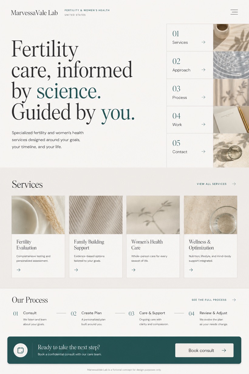 Healthcare website design for United States, showing a clear opening, service information, supporting content, and a focused inquiry action.