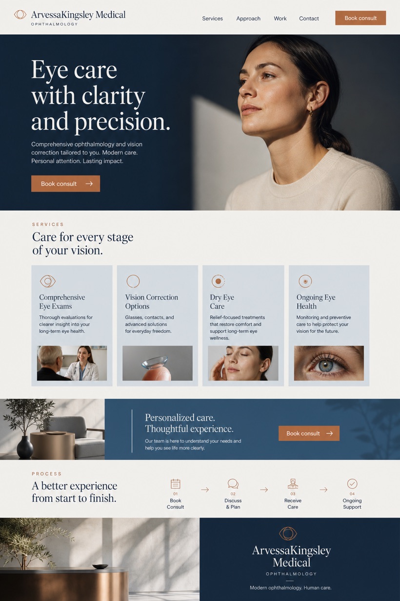 Healthcare website design for United States, showing a clear opening, service information, supporting content, and a focused inquiry action.