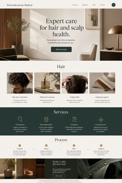Healthcare website design for United States, showing a clear opening, service information, supporting content, and a focused inquiry action.