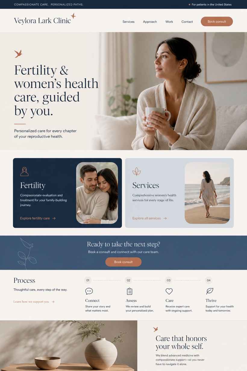 Healthcare website design for United States, showing a clear opening, service information, supporting content, and a focused inquiry action.
