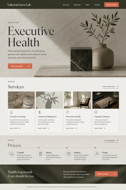 Healthcare website design for United States, showing a clear opening, service information, supporting content, and a focused inquiry action.