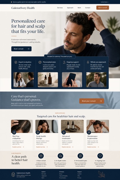 Healthcare website design for United States, showing a clear opening, service information, supporting content, and a focused inquiry action.