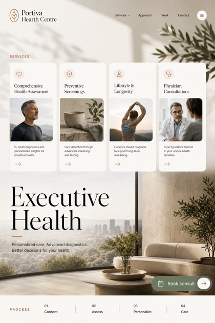 Healthcare website design for United States, showing a clear opening, service information, supporting content, and a focused inquiry action.