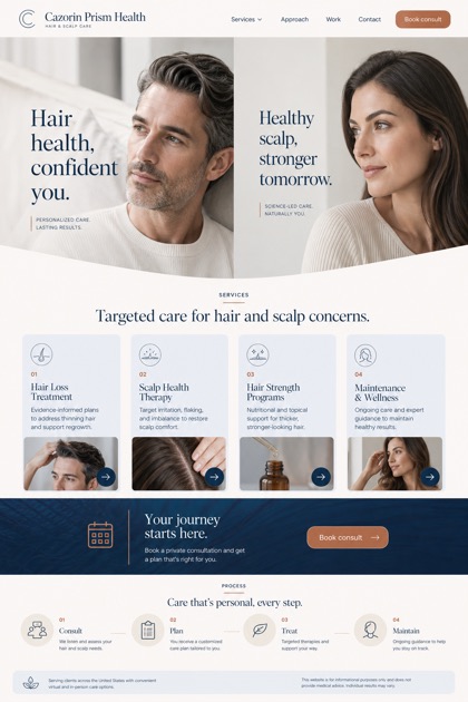 Healthcare website design for United States, showing a clear opening, service information, supporting content, and a focused inquiry action.