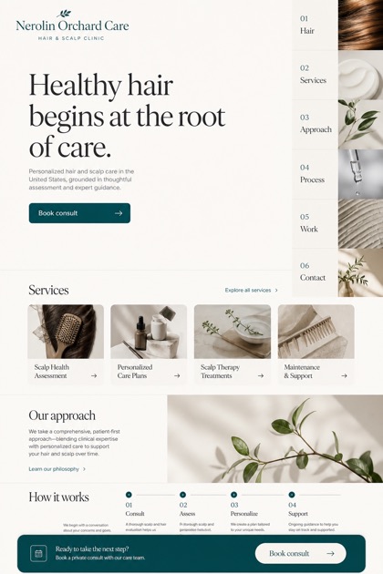 Healthcare website design for United States, showing a clear opening, service information, supporting content, and a focused inquiry action.
