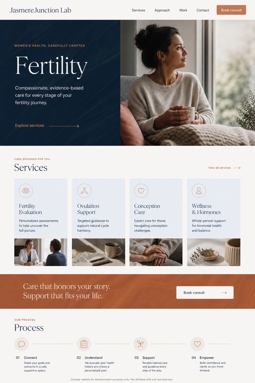 Healthcare website design for United States, showing a clear opening, service information, supporting content, and a focused inquiry action.