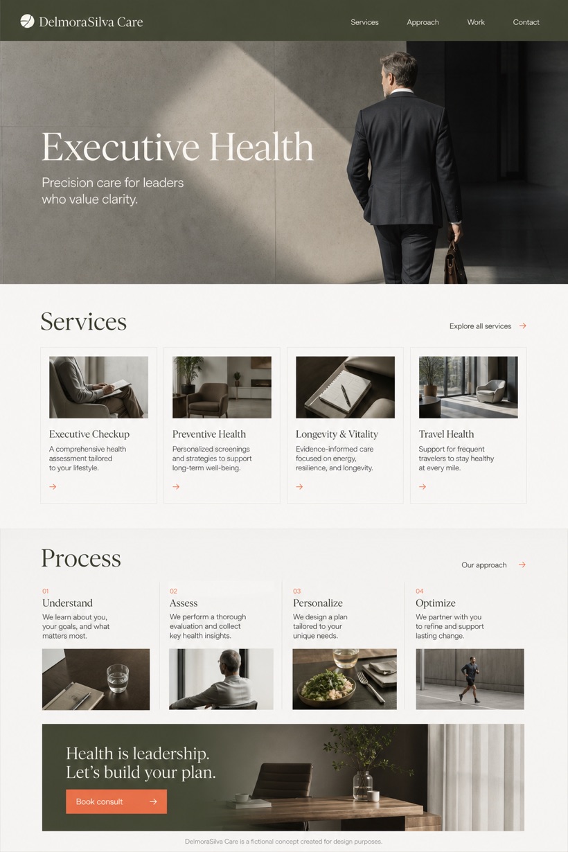Healthcare website design for United States, showing a clear opening, service information, supporting content, and a focused inquiry action.