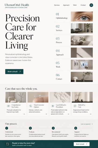 Healthcare website design for United States, showing a clear opening, service information, supporting content, and a focused inquiry action.