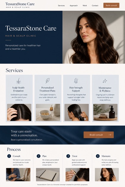 Healthcare website design for United States, showing a clear opening, service information, supporting content, and a focused inquiry action.