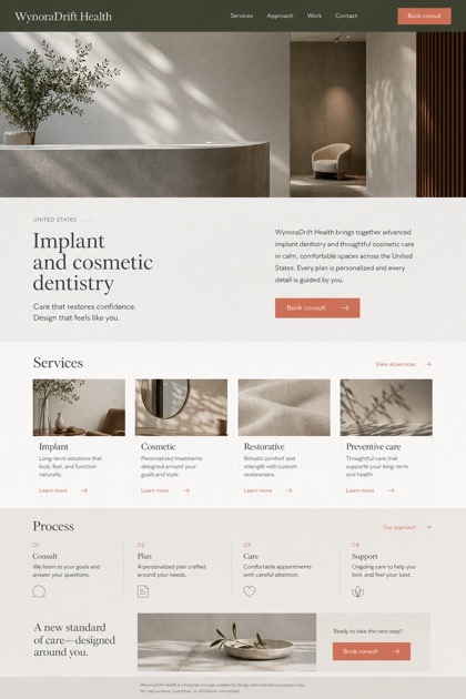 Healthcare website design for United States, showing a clear opening, service information, supporting content, and a focused inquiry action.