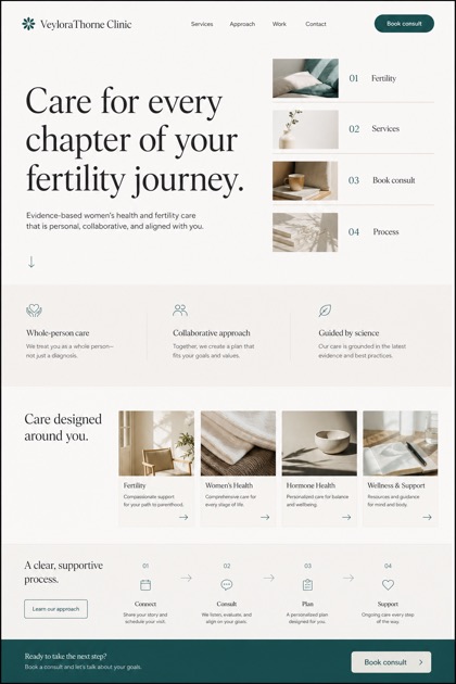 Healthcare website design for United States, showing a clear opening, service information, supporting content, and a focused inquiry action.