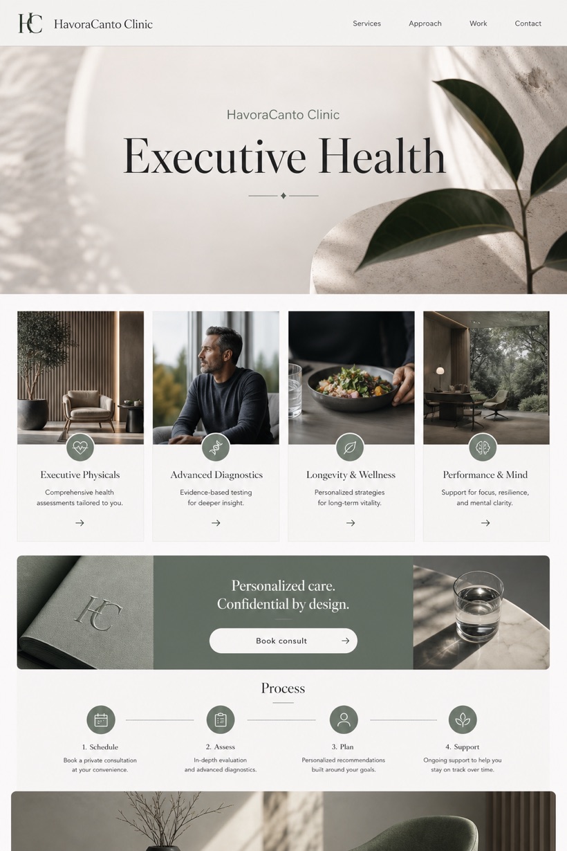 Healthcare website design for United States, showing a clear opening, service information, supporting content, and a focused inquiry action.