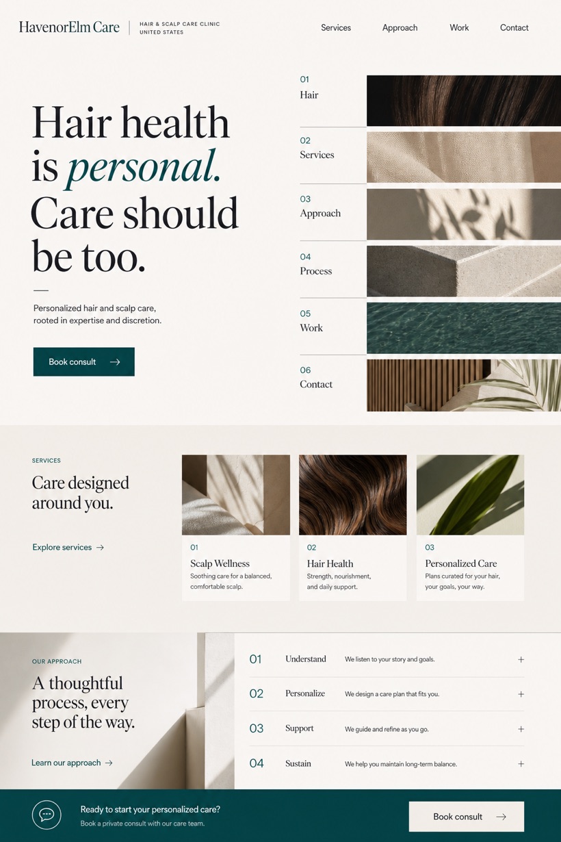 Healthcare website design for United States, showing a clear opening, service information, supporting content, and a focused inquiry action.