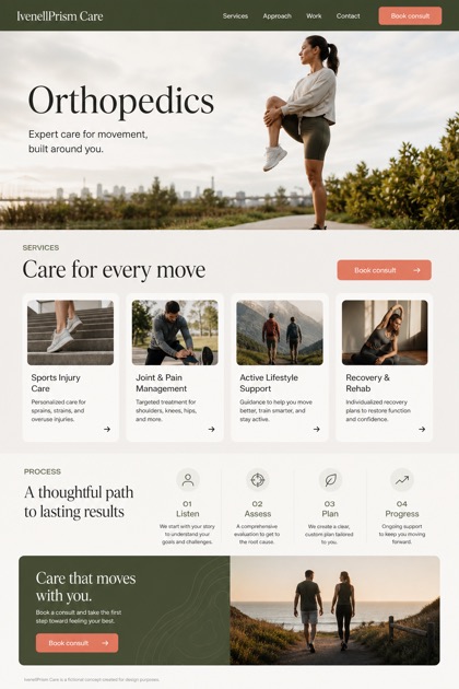 Healthcare website design for United States, showing a clear opening, service information, supporting content, and a focused inquiry action.