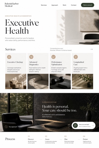Healthcare website design for United States, showing a clear opening, service information, supporting content, and a focused inquiry action.