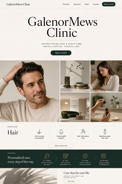 Healthcare website design for United States, showing a clear opening, service information, supporting content, and a focused inquiry action.