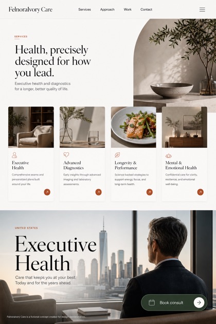 Healthcare website design for United States, showing a clear opening, service information, supporting content, and a focused inquiry action.