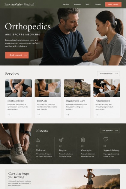 Healthcare website design for United States, showing a clear opening, service information, supporting content, and a focused inquiry action.