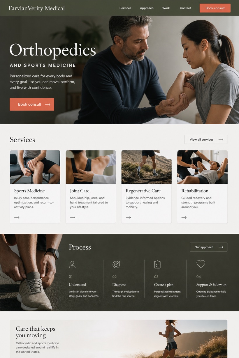 Healthcare website design for United States, showing a clear opening, service information, supporting content, and a focused inquiry action.