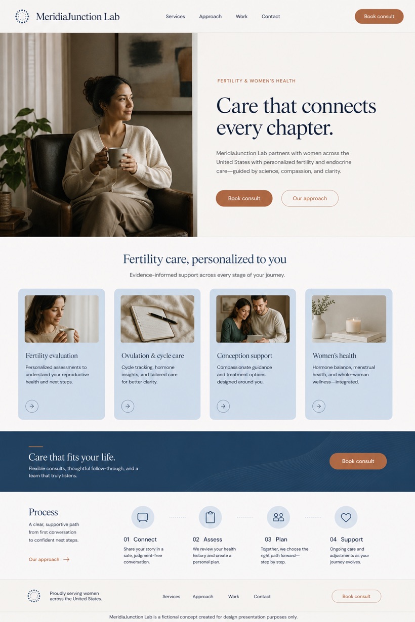Healthcare website design for United States, showing a clear opening, service information, supporting content, and a focused inquiry action.