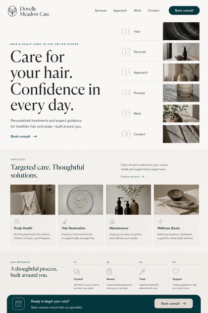 Healthcare website design for United States, showing a clear opening, service information, supporting content, and a focused inquiry action.