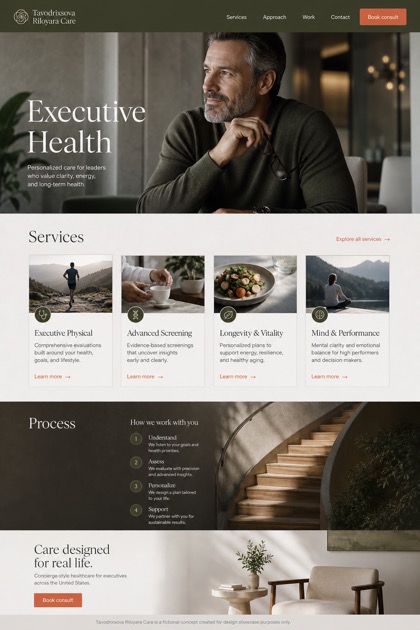 Healthcare website design for United States, showing a clear opening, service information, supporting content, and a focused inquiry action.