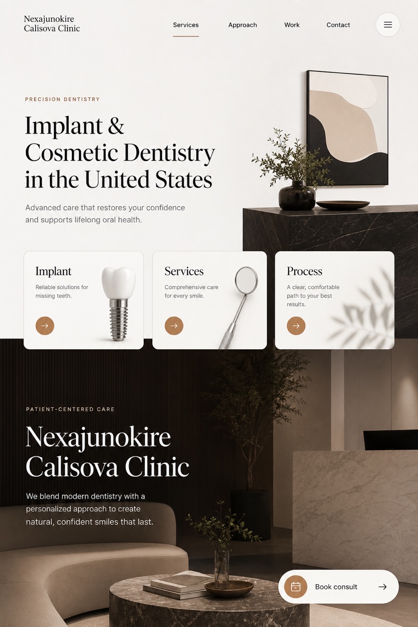 Healthcare website design for United States, showing a clear opening, service information, supporting content, and a focused inquiry action.