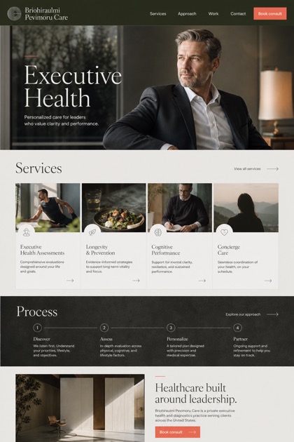 Healthcare website design for United States, showing a clear opening, service information, supporting content, and a focused inquiry action.