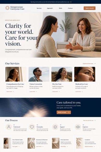 Healthcare website design for United States, showing a clear opening, service information, supporting content, and a focused inquiry action.