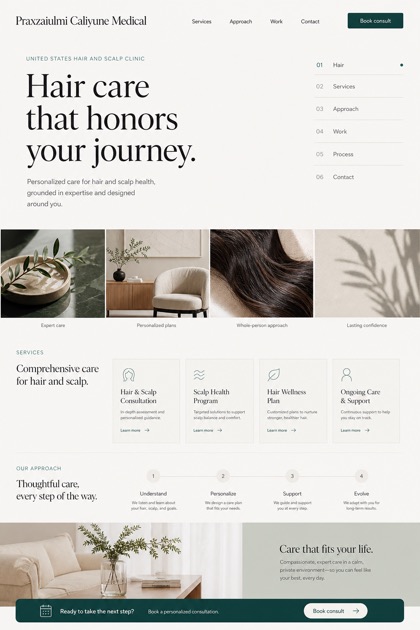Healthcare website design for United States, showing a clear opening, service information, supporting content, and a focused inquiry action.