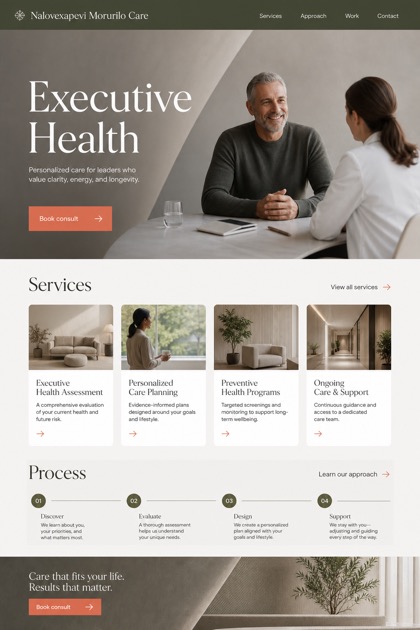 Healthcare website design for United States, showing a clear opening, service information, supporting content, and a focused inquiry action.