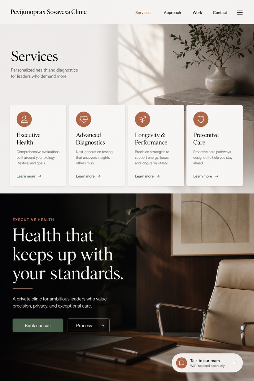 Healthcare website design for United States, showing a clear opening, service information, supporting content, and a focused inquiry action.