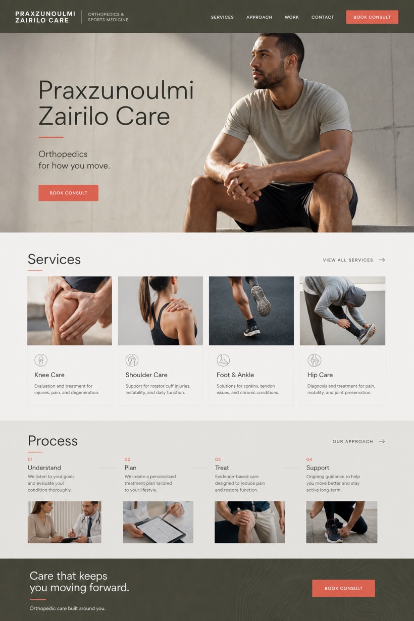 Healthcare website design for United States, showing a clear opening, service information, supporting content, and a focused inquiry action.