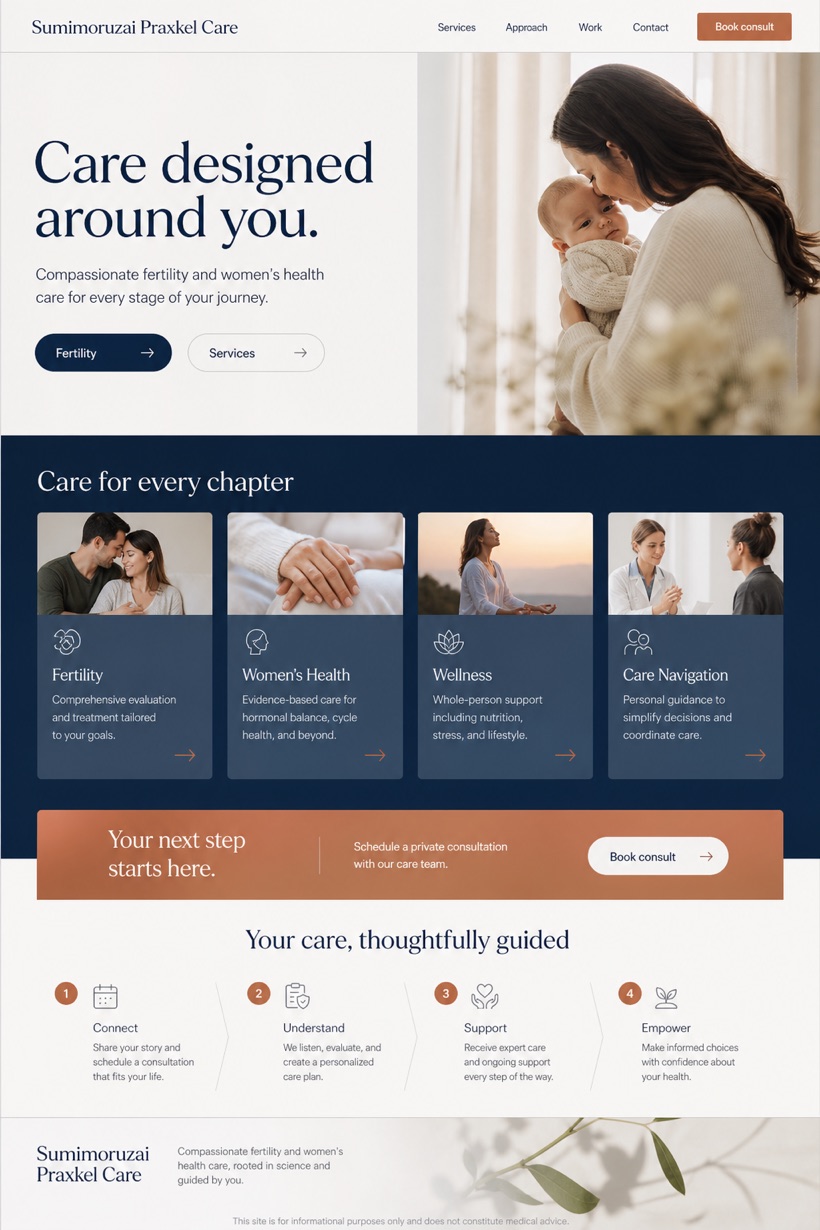 Healthcare website design for United States, showing a clear opening, service information, supporting content, and a focused inquiry action.